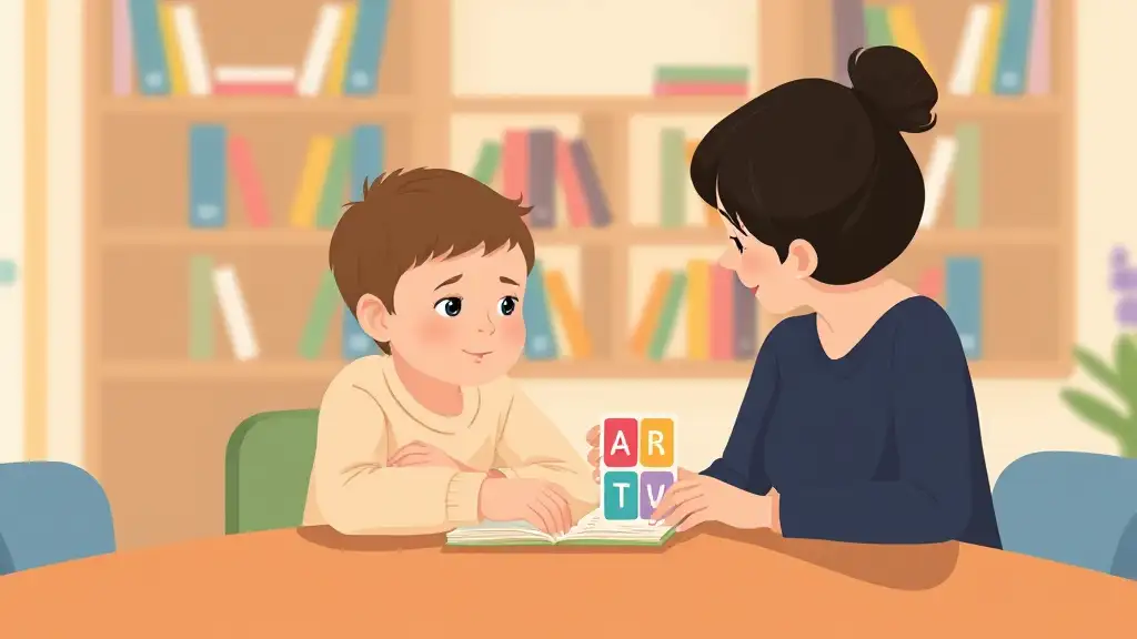 Logoped lucrând cu un copil într-un cabinet prietenos